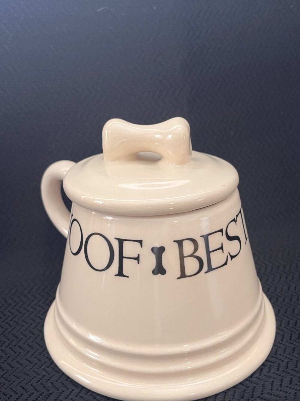 VTG Boston Warehouse Woof Best Friend Ceramic Lidded Mug Jar Ivory Bone Handle